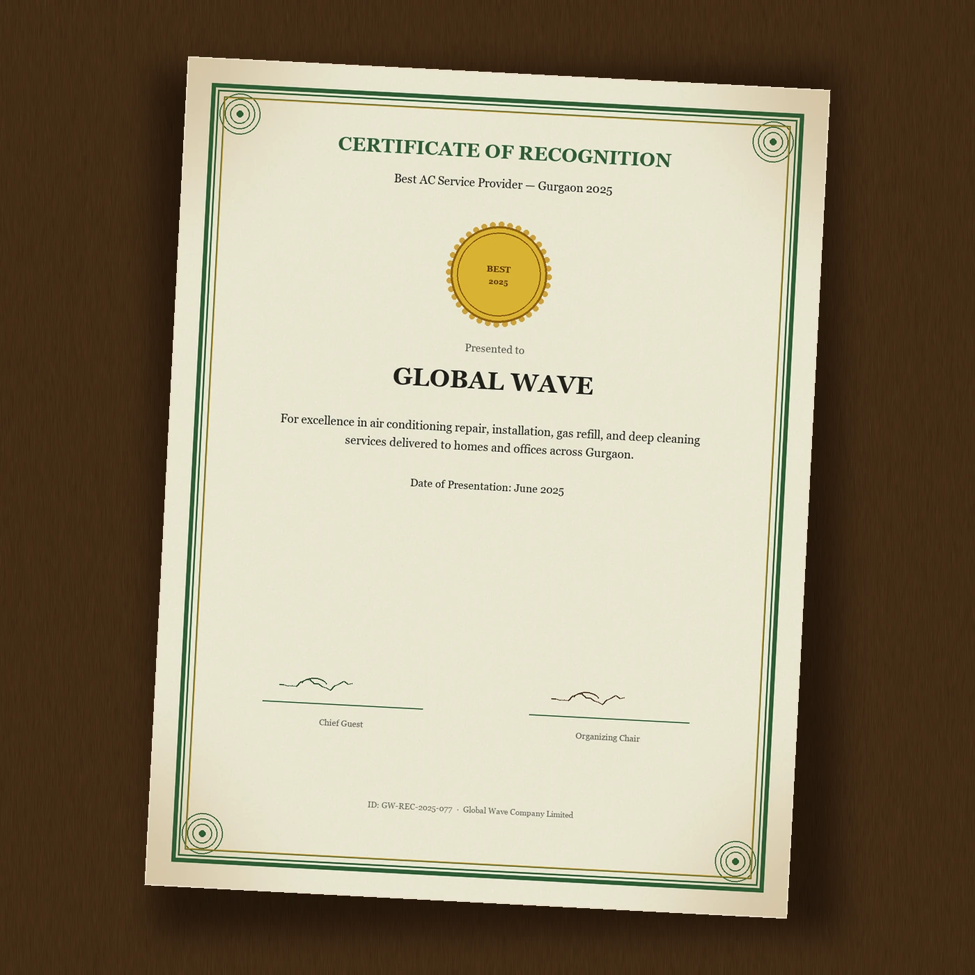 Global Wave Best AC Service Provider Gurgaon 2025 certificate