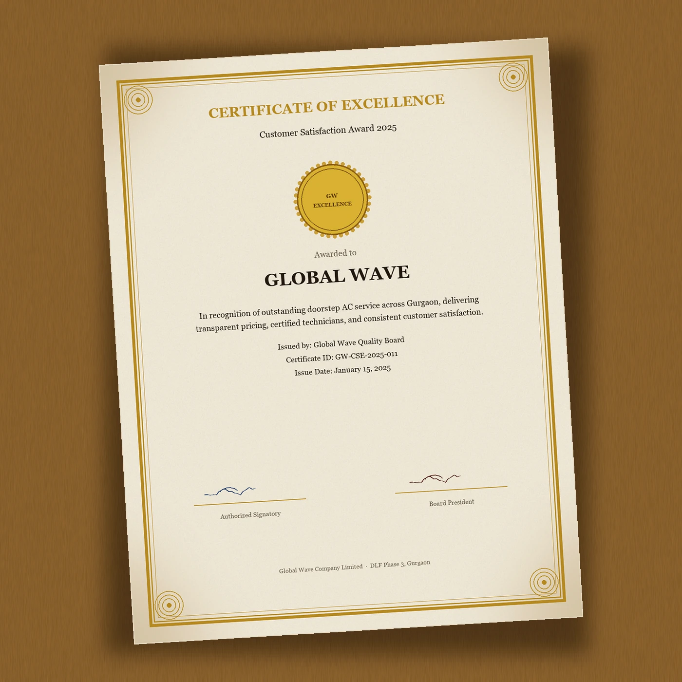 Global Wave Customer Satisfaction Award 2025 certificate