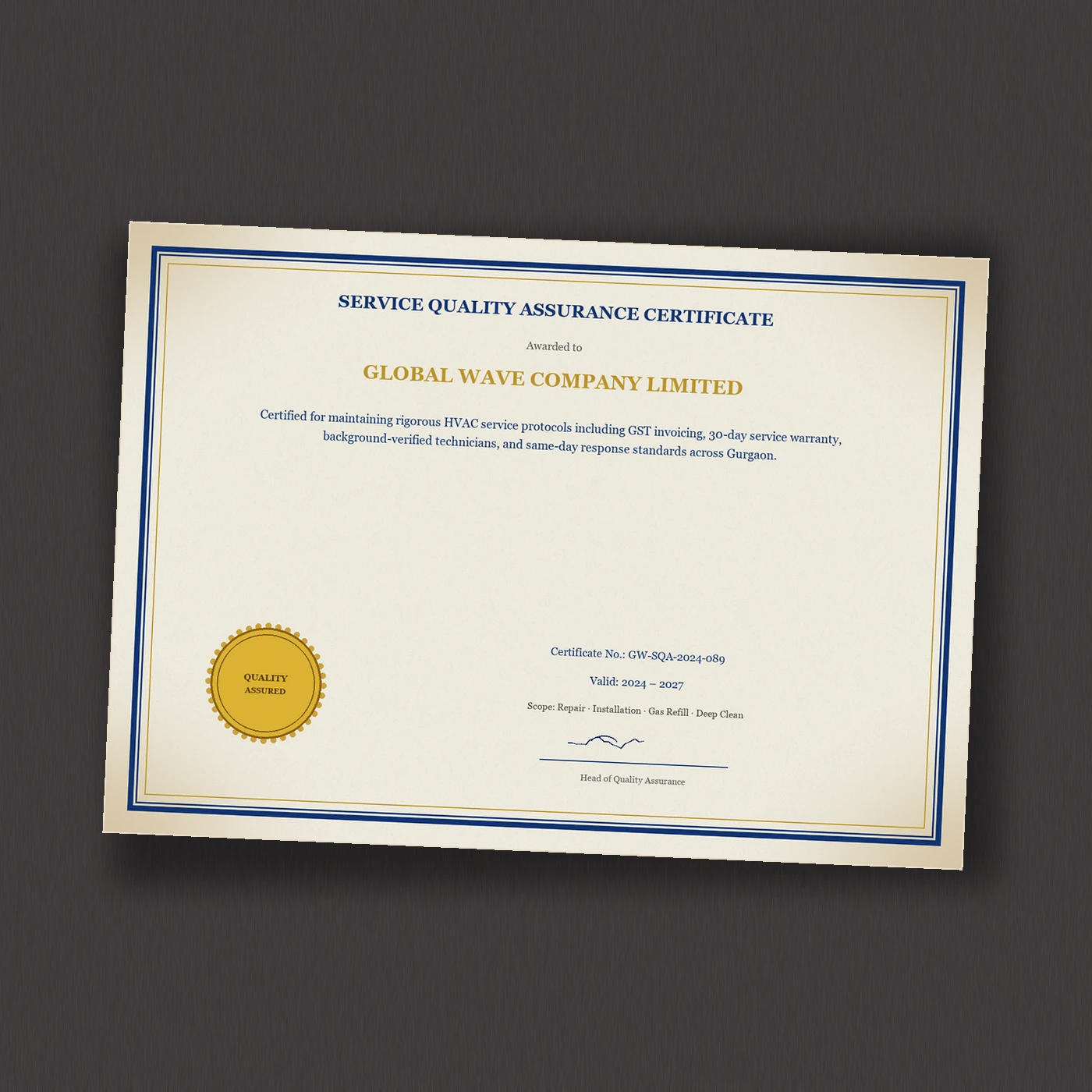Global Wave Service Quality Assurance certificate